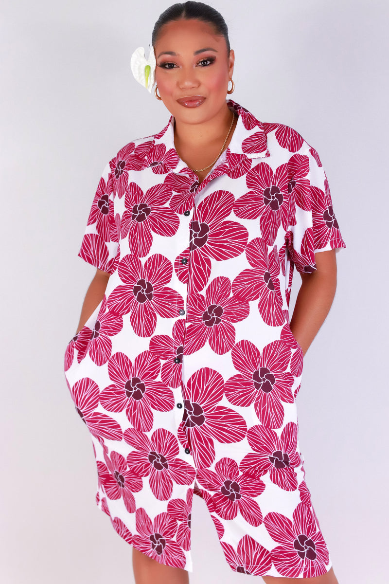 Jeans Warehouse Hawaii - PLUS PLUS WOVEN PRINT DRESSES - HAU FLOWER BUTTON DOWN DRESS | By LUZ