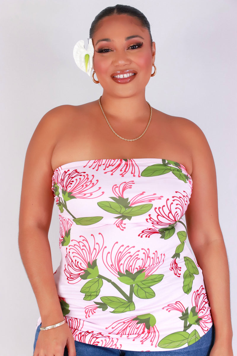 Jeans Warehouse Hawaii - PLUS PRINTED S/L - OHIA LEHUA LONG TUBE TOP | By LUZ