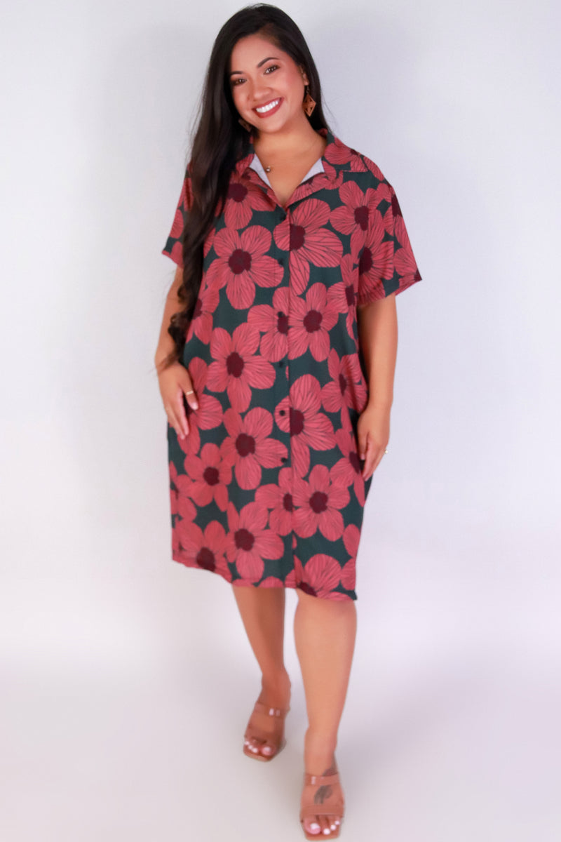 Jeans Warehouse Hawaii - PLUS PLUS WOVEN PRINT DRESSES - HAU FLOWER BUTTON DOWN DRESS | By LUZ