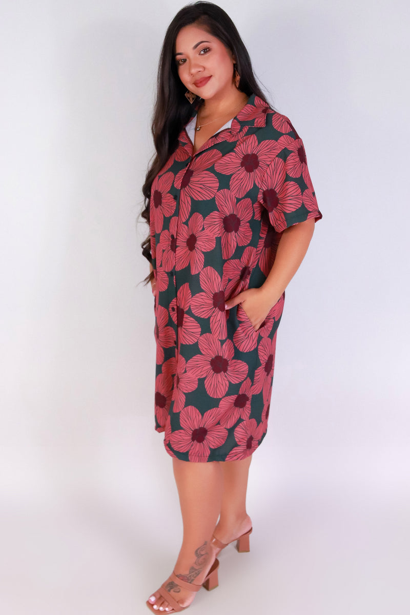 Jeans Warehouse Hawaii - PLUS PLUS WOVEN PRINT DRESSES - HAU FLOWER BUTTON DOWN DRESS | By LUZ