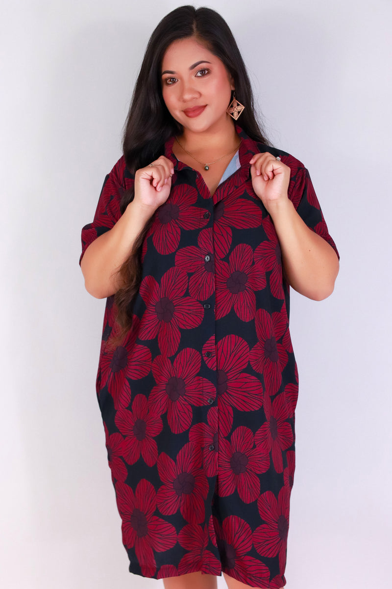 Jeans Warehouse Hawaii - PLUS PLUS WOVEN PRINT DRESSES - HAU FLOWER BUTTON DOWN DRESS | By LUZ
