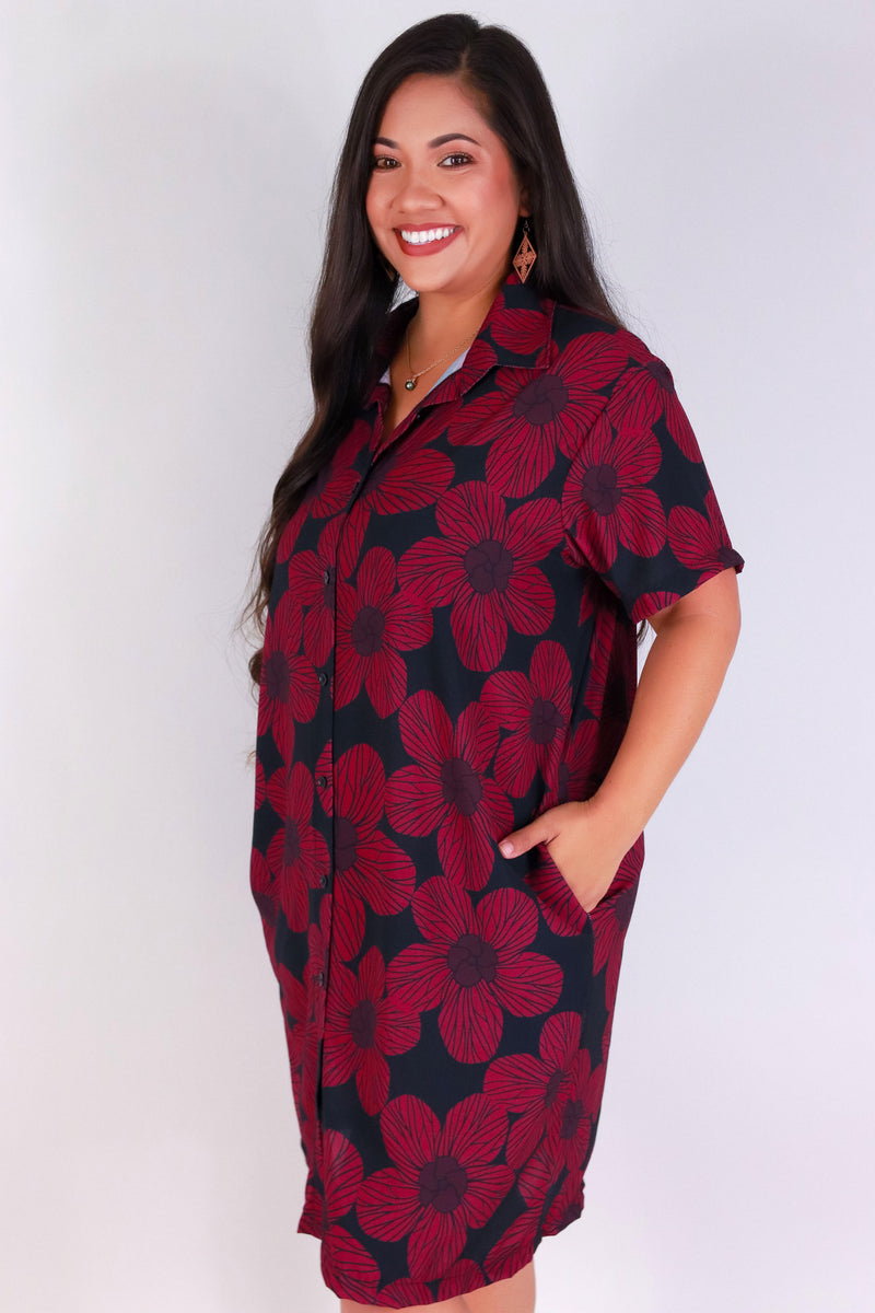 Jeans Warehouse Hawaii - PLUS PLUS WOVEN PRINT DRESSES - HAU FLOWER BUTTON DOWN DRESS | By LUZ
