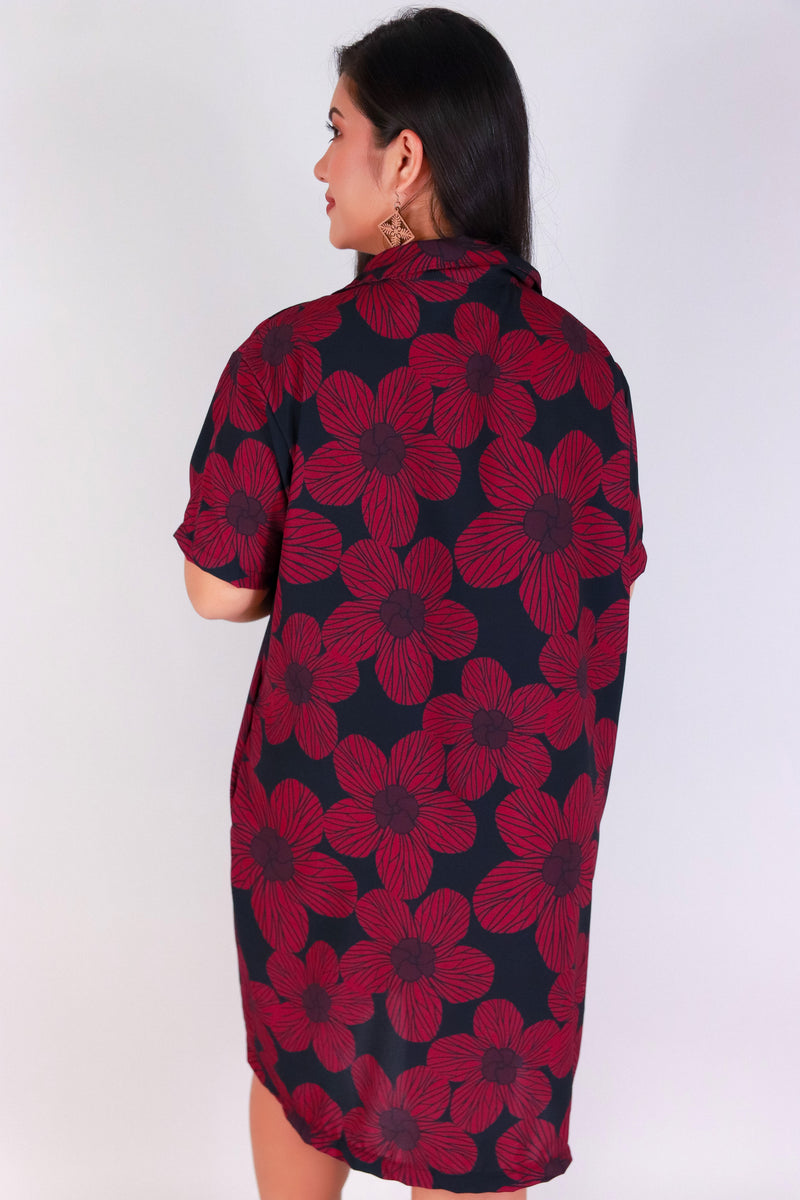 Jeans Warehouse Hawaii - PLUS PLUS WOVEN PRINT DRESSES - HAU FLOWER BUTTON DOWN DRESS | By LUZ