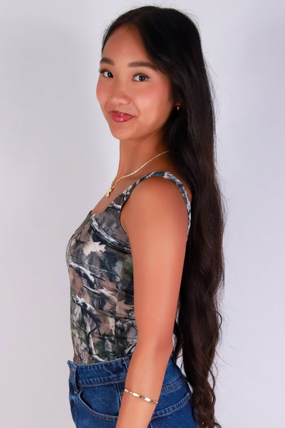 Jeans Warehouse Hawaii - SL PRINT - HUNTING CAMO SQUARE NECK TOP | By LUZ