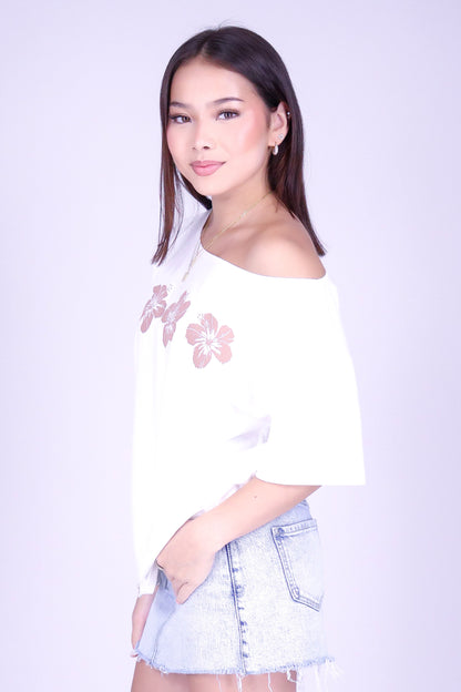 3 HIBISCUS OVERSIZED OFF SHOULDER TEE