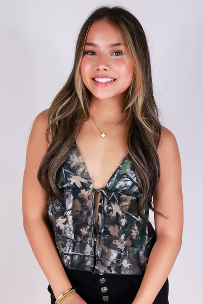 Jeans Warehouse Hawaii - TANK PRINT WOVEN DRESSY TOPS - HUNTING CAMO FLYAWAY TOP | By LUZ
