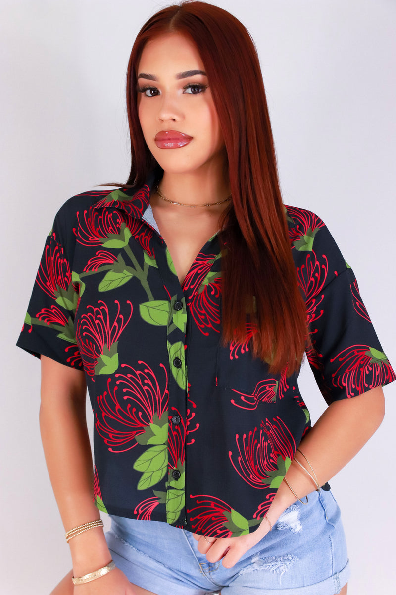 Jeans Warehouse Hawaii - S/S PRINT WOVEN DRESSY TOPS - OHIA LEHUA BUTTON DOWN TOP | By LUZ