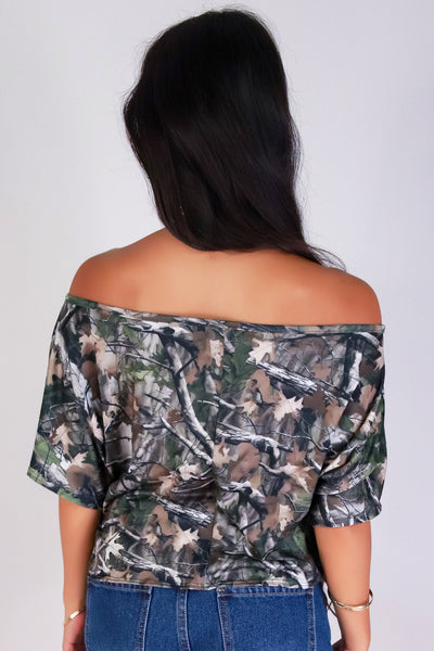 Jeans Warehouse Hawaii - SS PRINT - HUNTING CAMO OFF SHOULDER TOP | By LUZ