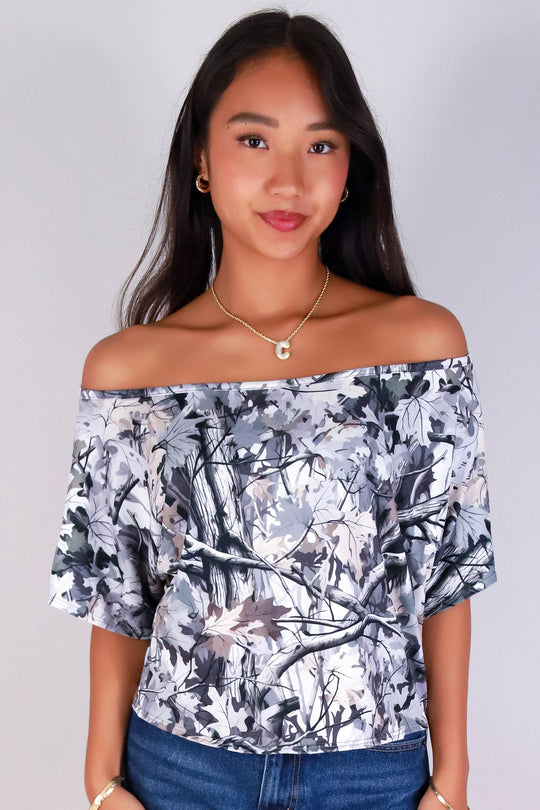HUNTING CAMO OFF SHOULDER TOP