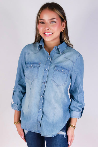 Jeans Warehouse Hawaii - L/S SOLID WOVEN CASUAL TOPS - BLUE SKIES TOP | By CI SONO/CAVALINI