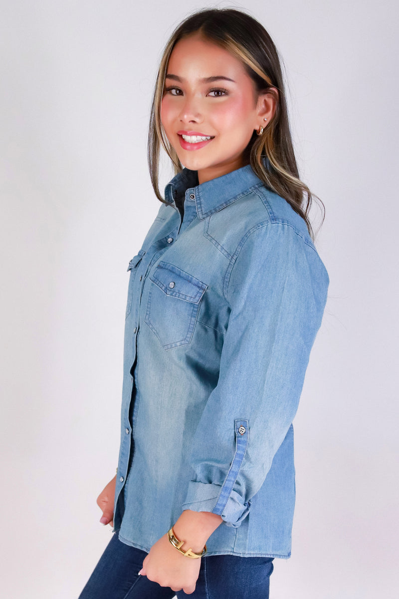 Jeans Warehouse Hawaii - L/S SOLID WOVEN CASUAL TOPS - BLUE SKIES TOP | By CI SONO/CAVALINI