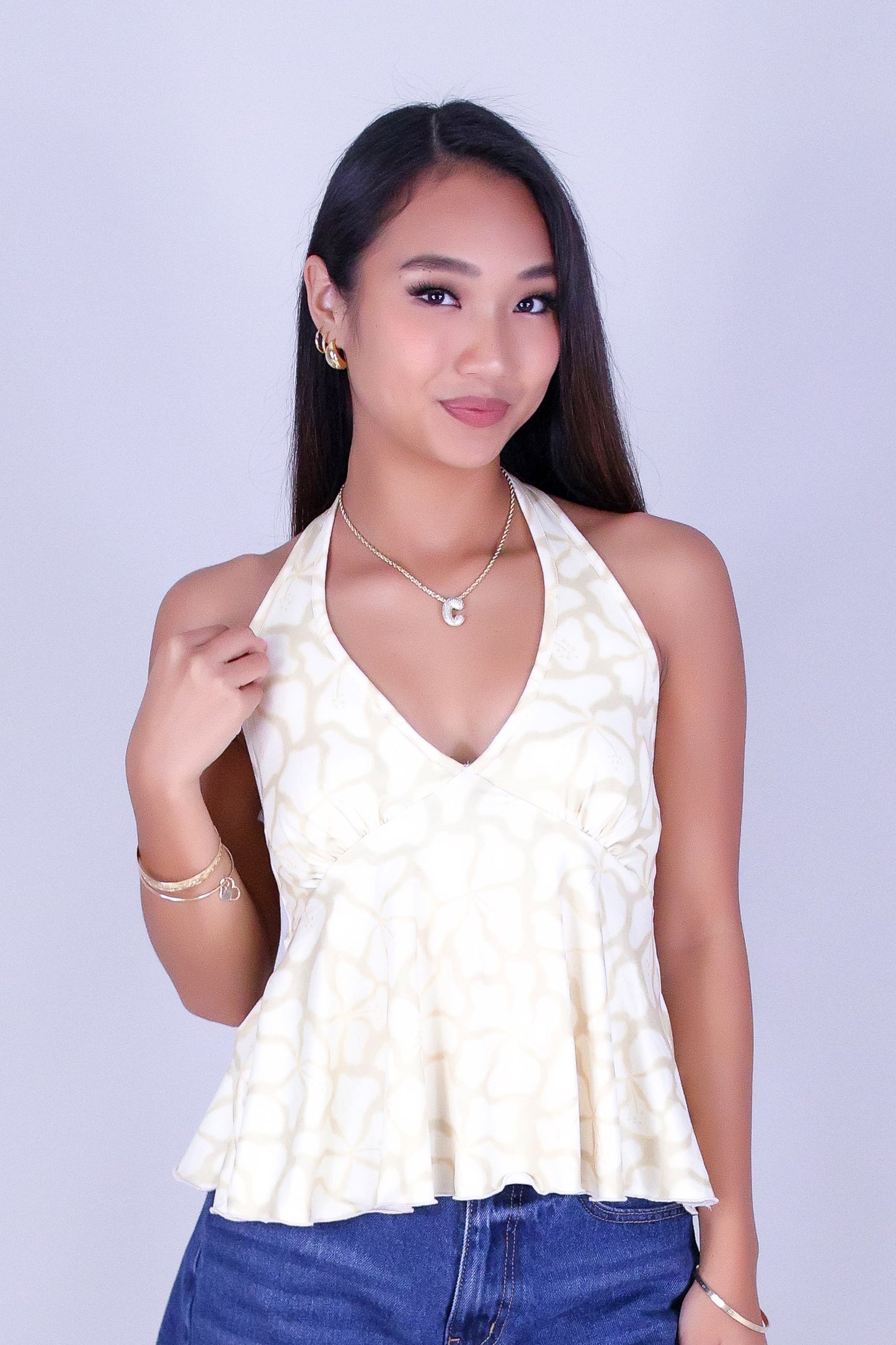 WAVY HIBISCUS TIE HALTER TOP