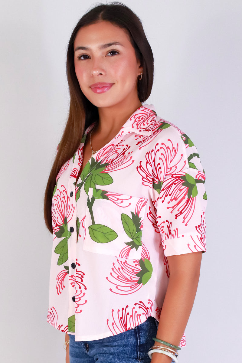 Jeans Warehouse Hawaii - S/S PRINT WOVEN DRESSY TOPS - OHIA LEHUA BUTTON DOWN TOP | By LUZ