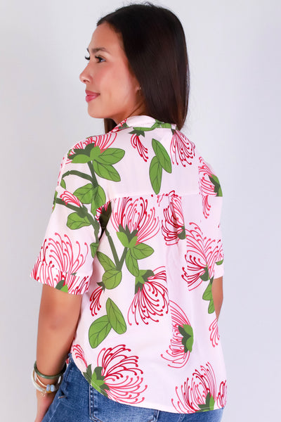 Jeans Warehouse Hawaii - S/S PRINT WOVEN DRESSY TOPS - OHIA LEHUA BUTTON DOWN TOP | By LUZ