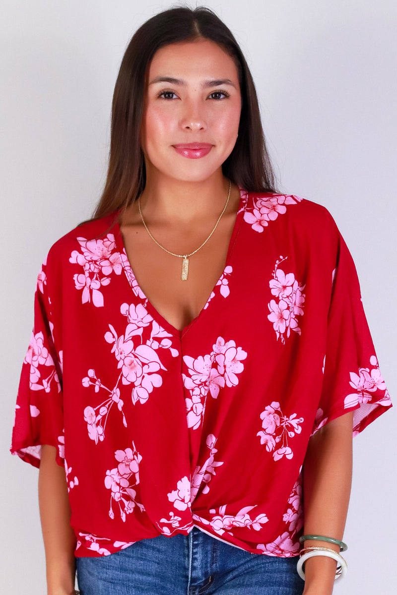 Jeans Warehouse Hawaii - S/S PRINT WOVEN DRESSY TOPS - SAKURA TWIST BOTTOM TOP | By LUZ