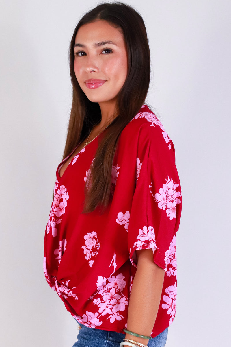 Jeans Warehouse Hawaii - S/S PRINT WOVEN DRESSY TOPS - SAKURA TWIST BOTTOM TOP | By LUZ