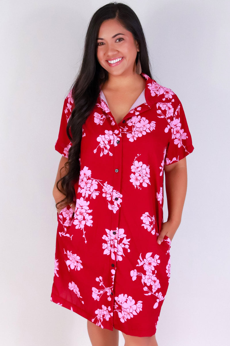 Jeans Warehouse Hawaii - PLUS PLUS WOVEN PRINT DRESSES - SAKURA BUTTON DOWN DRESS | By LUZ