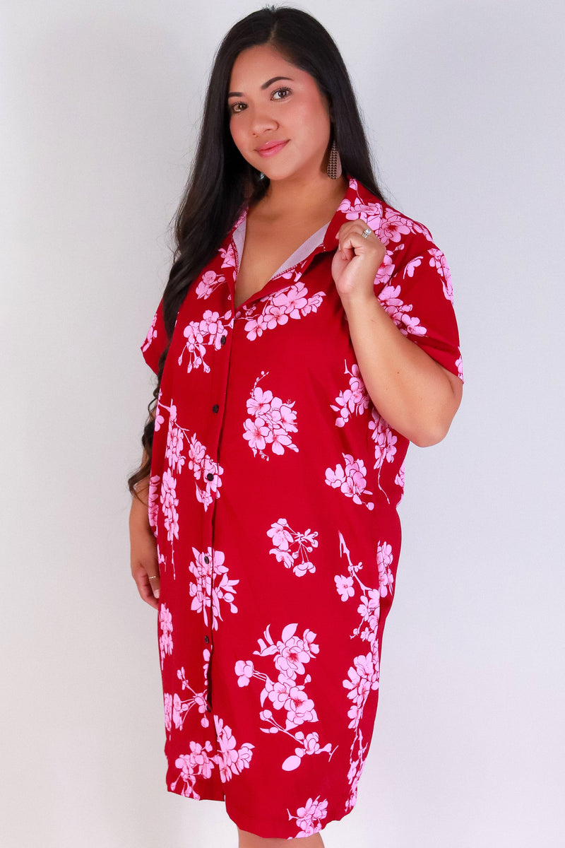 Jeans Warehouse Hawaii - PLUS PLUS WOVEN PRINT DRESSES - SAKURA BUTTON DOWN DRESS | By LUZ