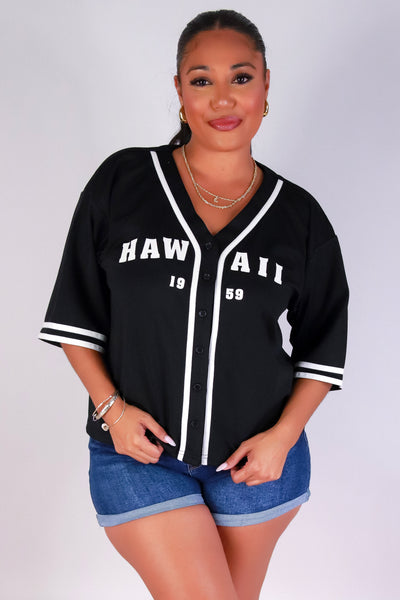Jeans Warehouse Hawaii - PLUS S/S PRINT WOVEN TOPS - HAWAII BASEBALL JERSEY | By I JOAH