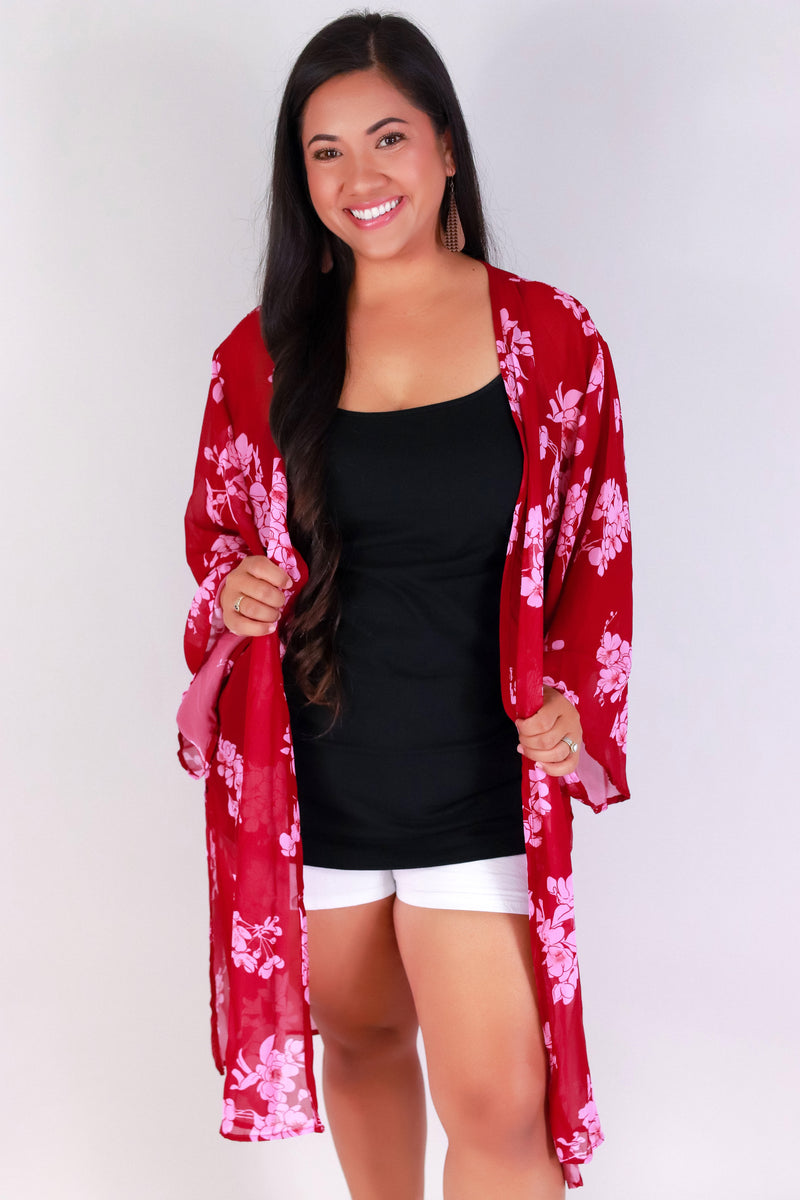 Jeans Warehouse Hawaii - PLUS S/S PRINT WOVEN TOPS - SAKURA CHIFFON CARDIGAN | By LUZ