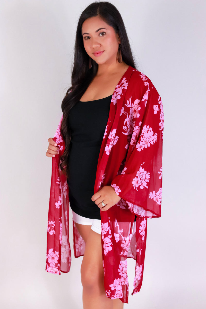 Jeans Warehouse Hawaii - PLUS S/S PRINT WOVEN TOPS - SAKURA CHIFFON CARDIGAN | By LUZ
