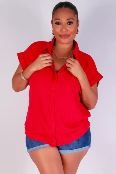 Jeans Warehouse Hawaii - PLUS S/S SOLID WOVEN TOPS - THE DAILY BUTTON DOWN TOP | By ZENOBIA