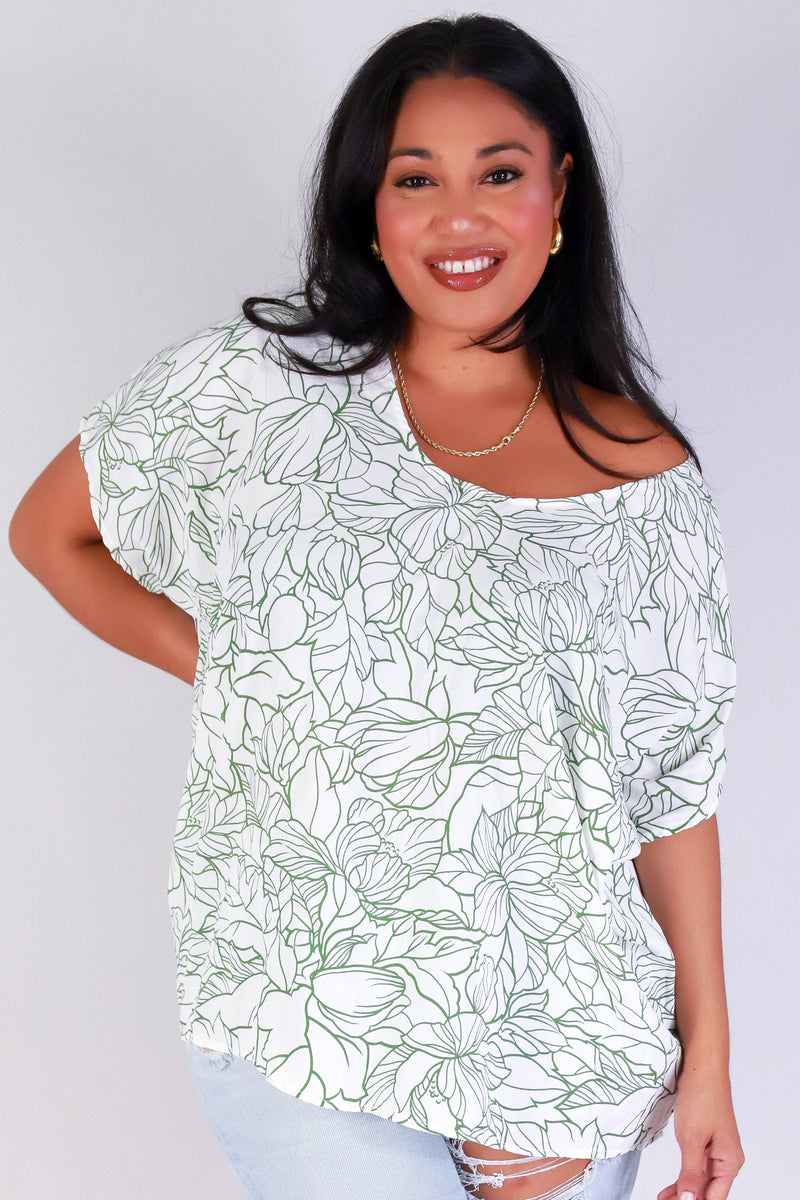 Jeans Warehouse Hawaii - PLUS S/S PRINT WOVEN TOPS - WILDFLOWER WAVES TOP | By ZENOBIA