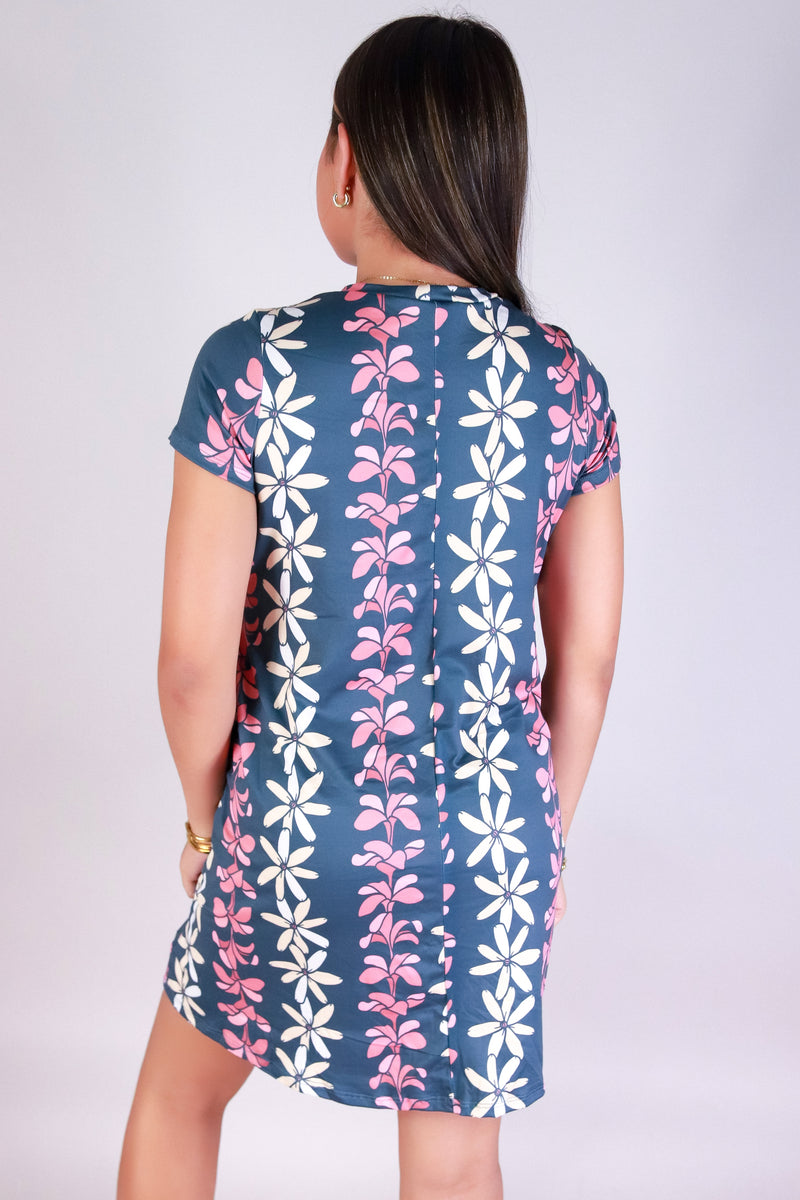 Jeans Warehouse Hawaii - SLEEVE SHORT PRINT DRESSES - PLUMERIA TIARE TRAPEZE DRESS | By LUZ