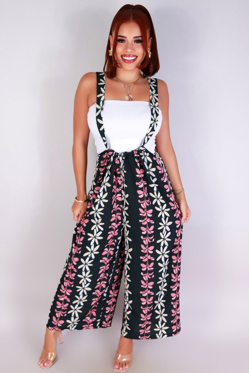 Jeans Warehouse Hawaii - PRINT CASUAL JUMPSUITS - PLUMERIA TIARE TIE-BACK OVERALL JUMPSUIT | By LUZ