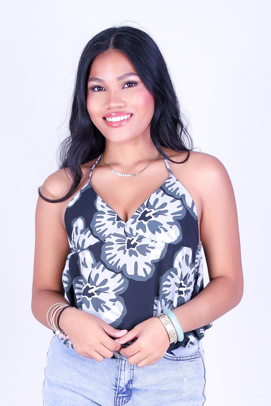 WATERCOLOR HIBISCUS HALTER TOP