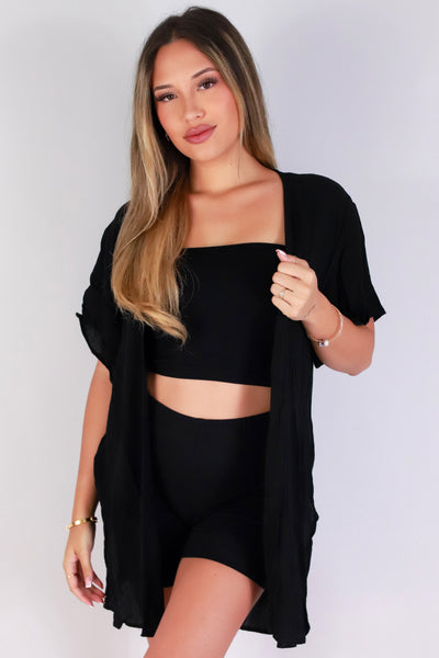 Jeans Warehouse Hawaii - S/S SOLID WOVEN CASUAL TOPS - YOU'RE GLOWING CARDINGAN | By AMBIANCE APPAREL