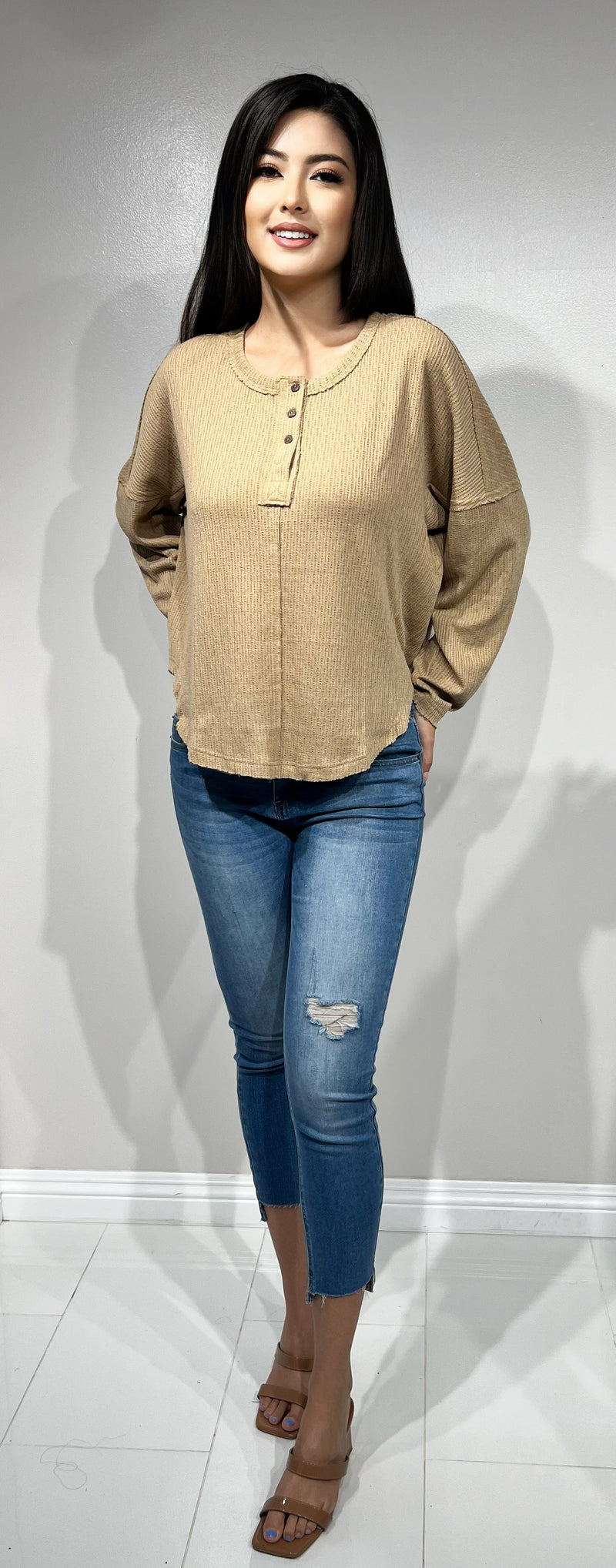 Jeans Warehouse Hawaii - 3/4 & L/S SOLID KNIT TOPS - DROP SHOULDER HENLEY TOP | By VERY J