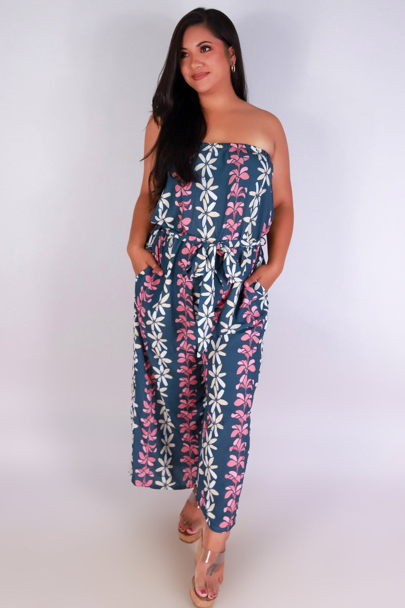 Jeans Warehouse Hawaii - PLUS PRINTED JUMPSUITS - PLUMERIA TIARE TUBE JUMPSUIT | By LUZ