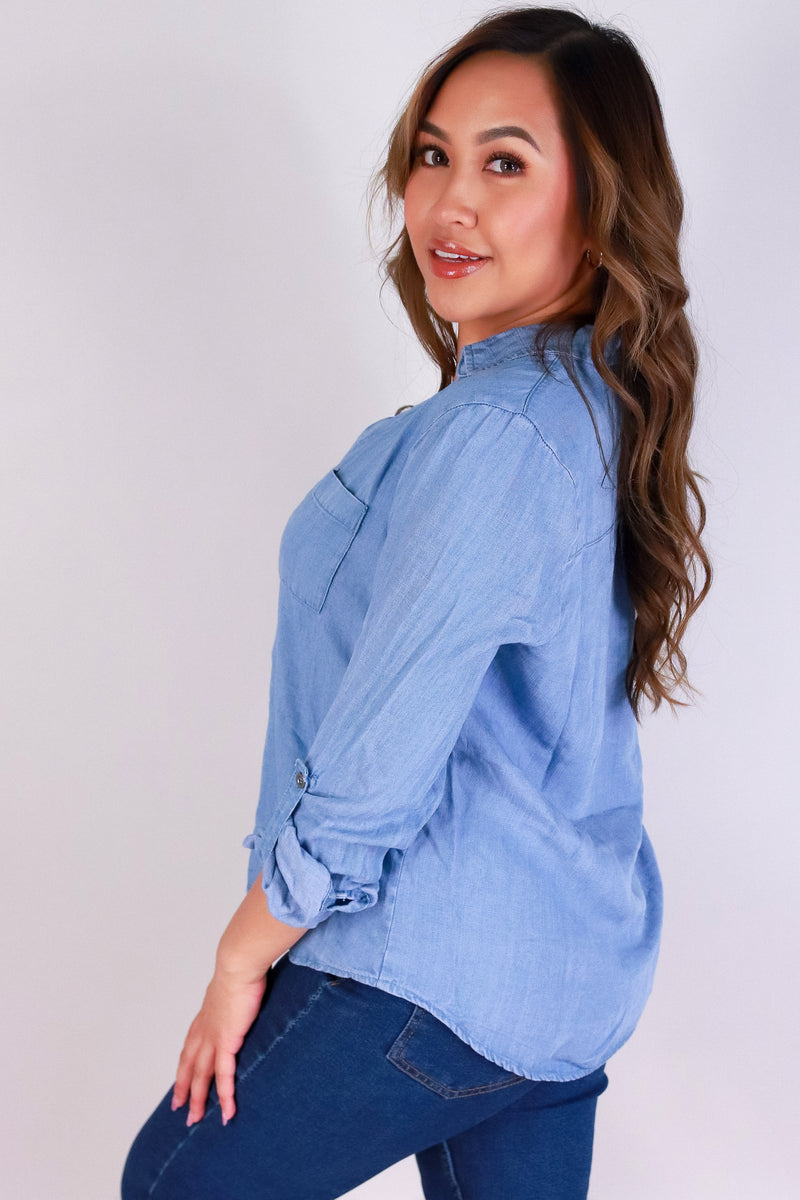 Jeans Warehouse Hawaii - 3/4 & L/S SOLID WOV TOPS - BUTTONED BLUES TOP | By MINTEE 16