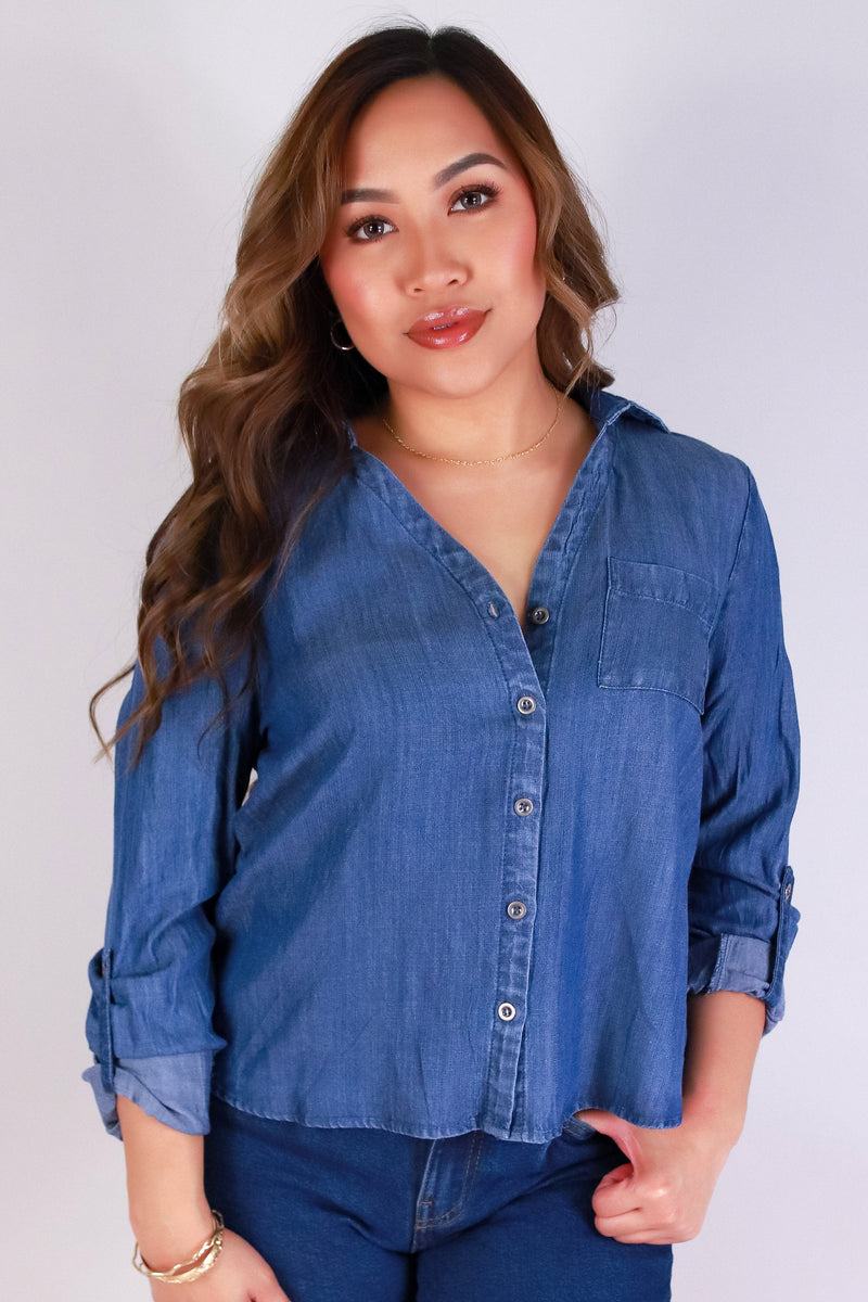 Jeans Warehouse Hawaii - 3/4 & L/S SOLID WOV TOPS - BUTTONED BLUES TOP | By MINTEE 16