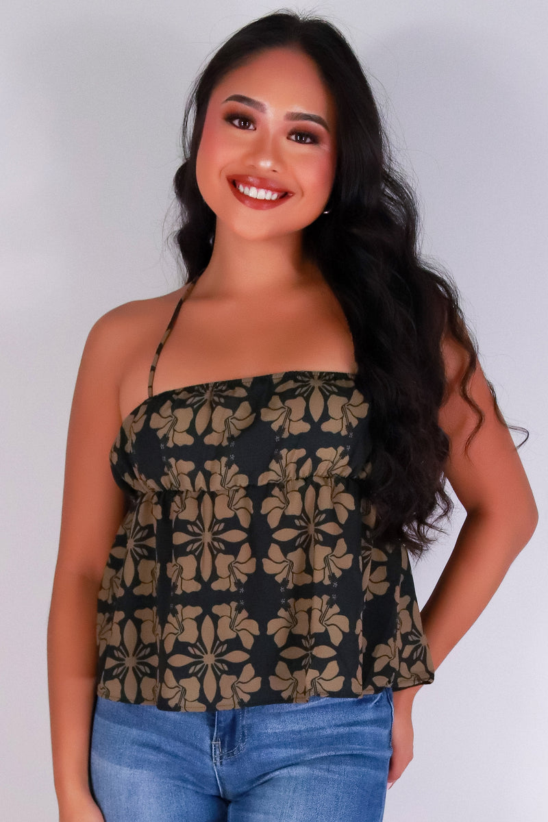 Jeans Warehouse Hawaii - TANK PRINT WOVEN DRESSY TOPS - HIBISCUS QUILT BABYDOLL HALTER TOP | By LUZ