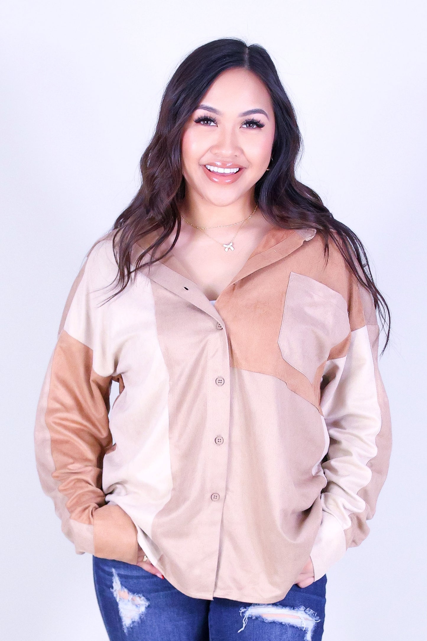 SLEEK SUEDE BUTTON DOWN TOP