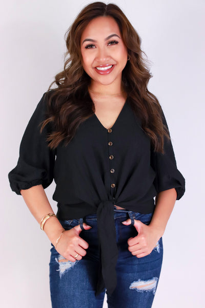 Jeans Warehouse Hawaii - S/S SOLID WOVEN TOPS - KNOT THE USUAL TIE FRONT BLOUSE | By ROKOKO