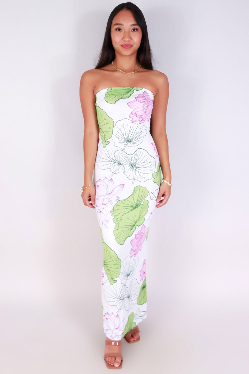 Jeans Warehouse Hawaii - TUBE LONG PRINT DRESSES - WATER LILY TUBE MAXI DRESS | By LUZ