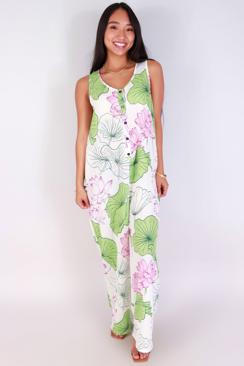 Jeans Warehouse Hawaii - PRINT CASUAL JUMPSUITS - WATER LILY NO WAIST JUMPSUIT | By LUZ