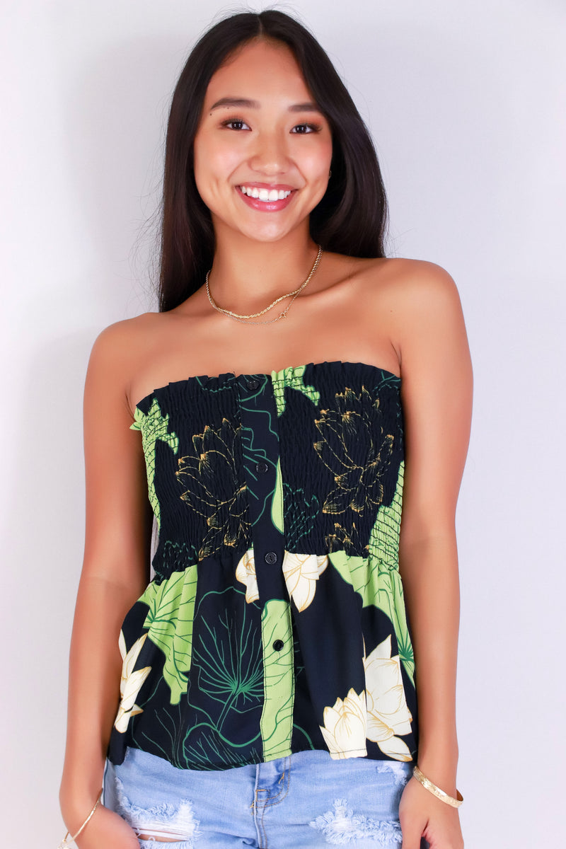 Jeans Warehouse Hawaii - TANK PRINT WOVEN DRESSY TOPS - WATER LILY SMOCKED TUBE TOP | By LUZ