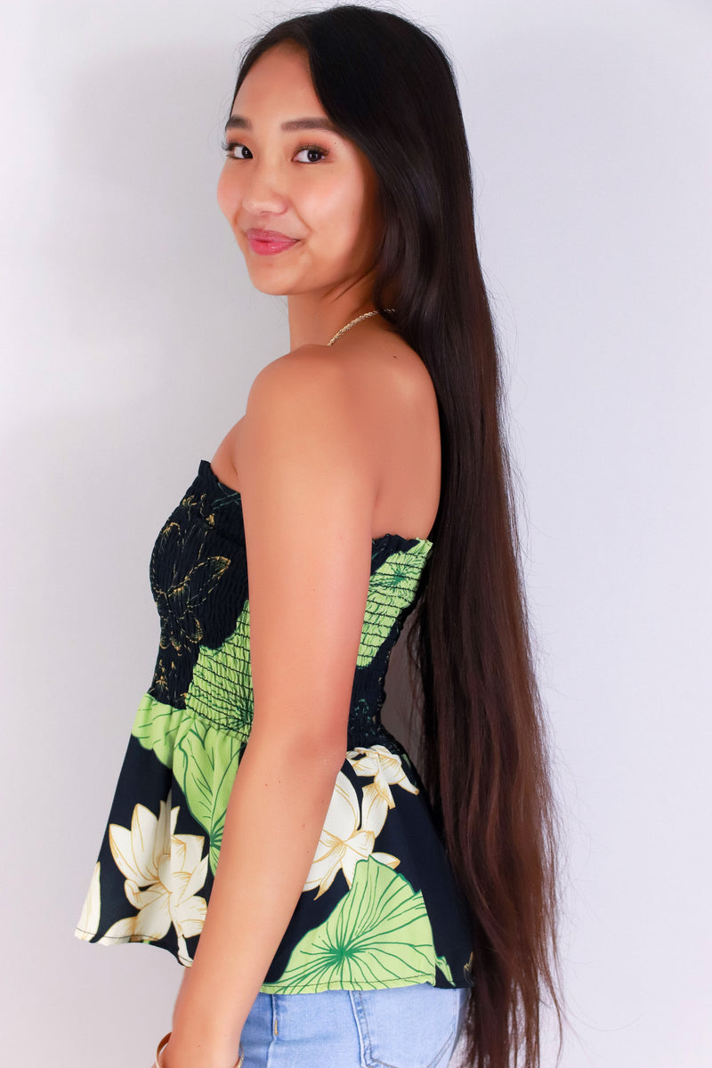 Jeans Warehouse Hawaii - TANK PRINT WOVEN DRESSY TOPS - WATER LILY SMOCKED TUBE TOP | By LUZ