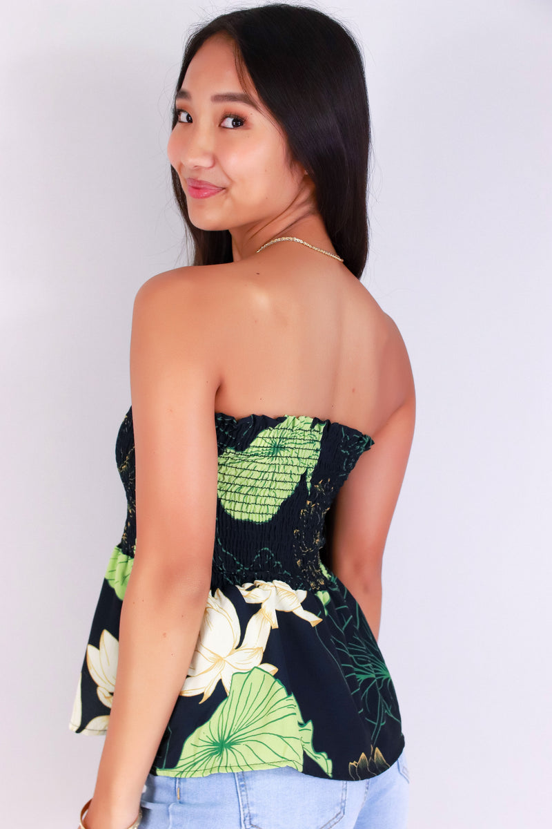 Jeans Warehouse Hawaii - TANK PRINT WOVEN DRESSY TOPS - WATER LILY SMOCKED TUBE TOP | By LUZ