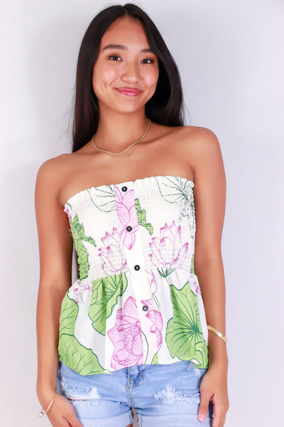 Jeans Warehouse Hawaii - TANK PRINT WOVEN DRESSY TOPS - WATER LILY SMOCKED TUBE TOP | By LUZ