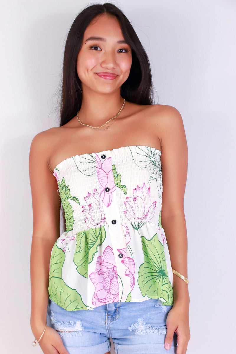 Jeans Warehouse Hawaii - TANK PRINT WOVEN DRESSY TOPS - WATER LILY SMOCKED TUBE TOP | By LUZ