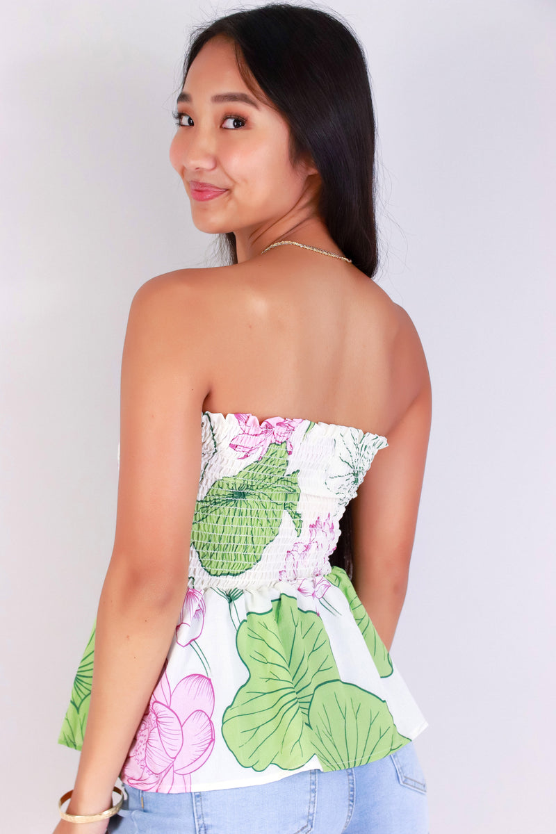 Jeans Warehouse Hawaii - TANK PRINT WOVEN DRESSY TOPS - WATER LILY SMOCKED TUBE TOP | By LUZ