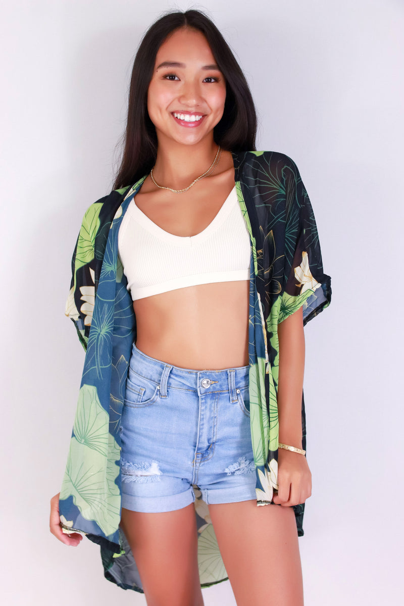 Jeans Warehouse Hawaii - S/S PRINT WOVEN DRESSY TOPS - WATER LILY CHIFFON CARDIGAN | By LUZ