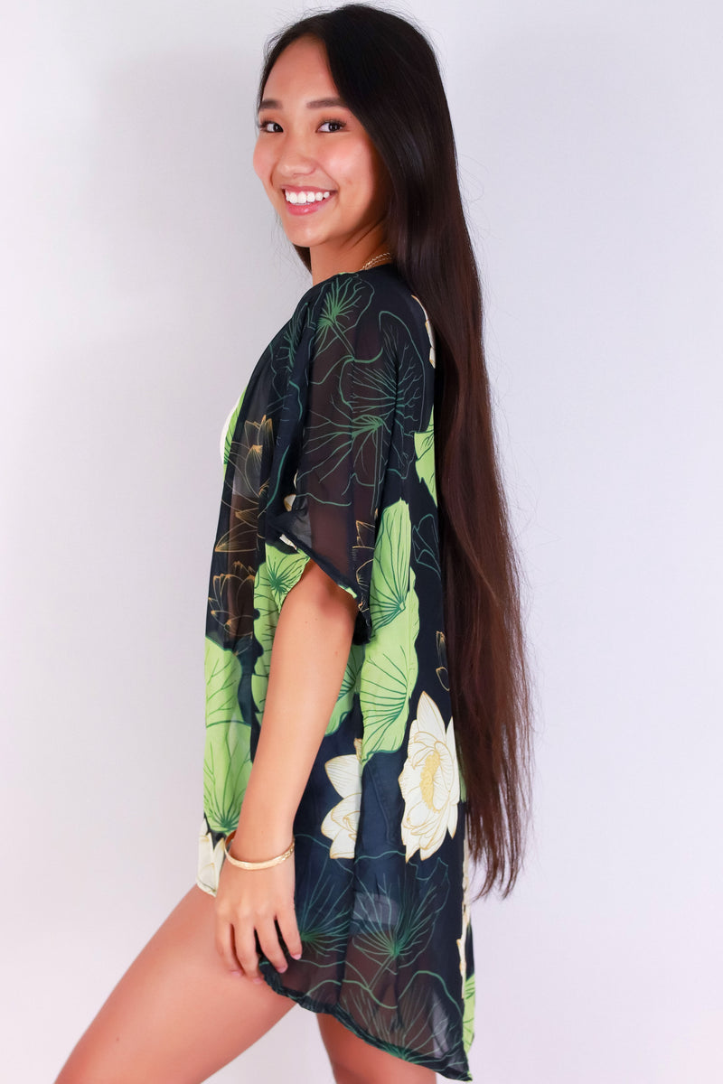 Jeans Warehouse Hawaii - S/S PRINT WOVEN DRESSY TOPS - WATER LILY CHIFFON CARDIGAN | By LUZ