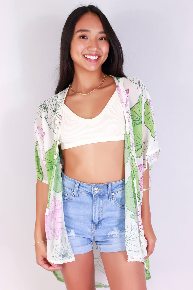 Jeans Warehouse Hawaii - S/S PRINT WOVEN DRESSY TOPS - WATER LILY CHIFFON CARDIGAN | By LUZ