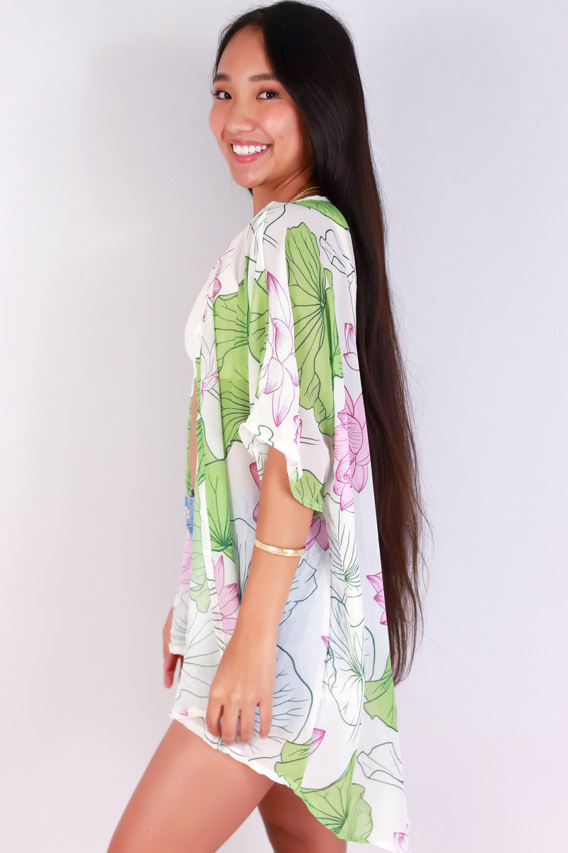 Jeans Warehouse Hawaii - S/S PRINT WOVEN DRESSY TOPS - WATER LILY CHIFFON CARDIGAN | By LUZ